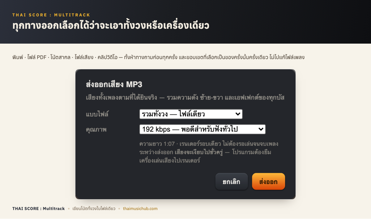 ทุกทางออกเลือกได้ว่าจะเอาทั้งวงหรือเครื่องเดียว — พิมพ์ · ไฟล์ PDF · โน้ตสากล · ไฟล์เสียง · คลิปวิดีโอ — ทั้งห้าทางถามก่อนทุกครั้ง และขอบเขตที่เลือกเป็นของครั้งนั้นครั้งเดียว ไม่ไปแก้ไฟล์เพลง