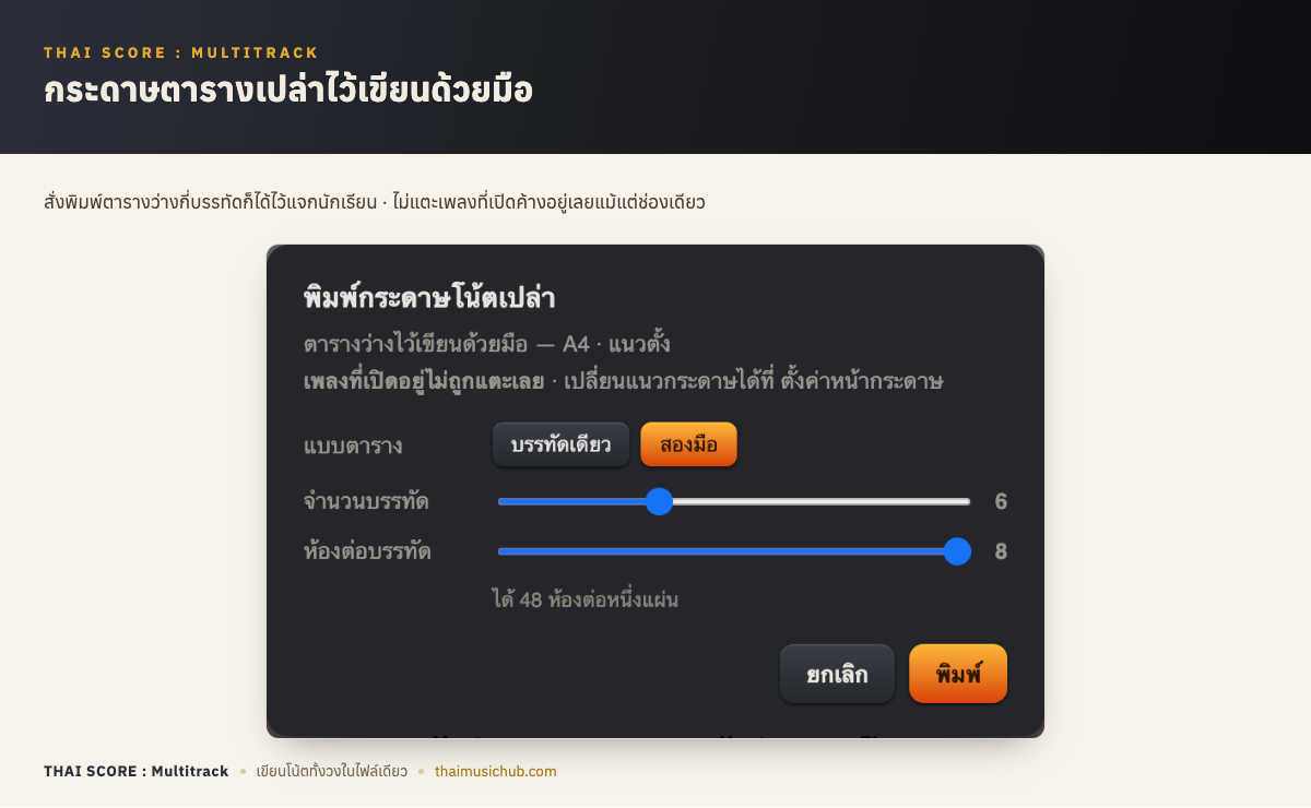 กระดาษตารางเปล่าไว้เขียนด้วยมือ — สั่งพิมพ์ตารางว่างกี่บรรทัดก็ได้ไว้แจกนักเรียน · ไม่แตะเพลงที่เปิดค้างอยู่เลยแม้แต่ช่องเดียว