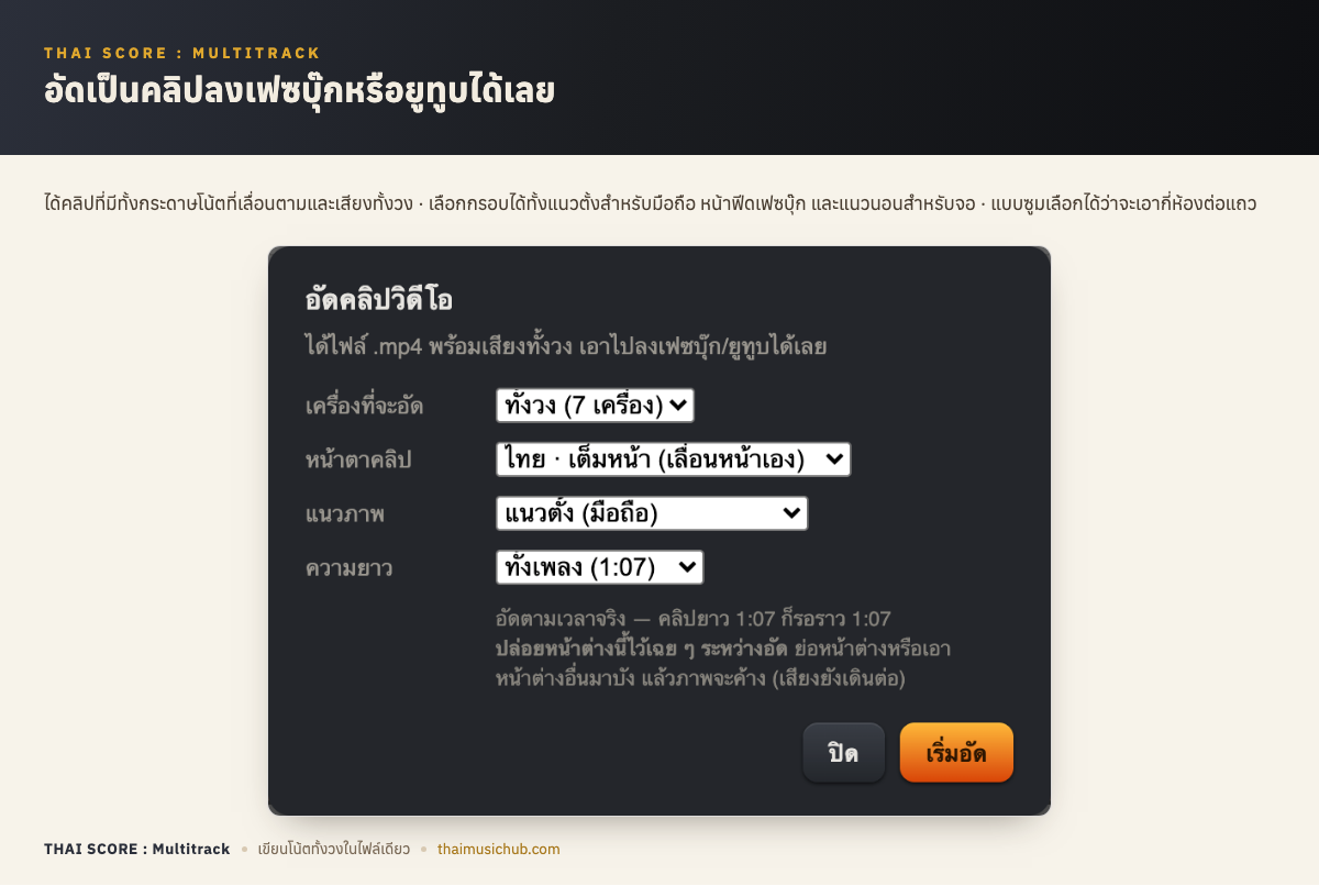 อัดเป็นคลิปลงเฟซบุ๊กหรือยูทูบได้เลย — ได้คลิปที่มีทั้งกระดาษโน้ตที่เลื่อนตามและเสียงทั้งวง · เลือกกรอบได้ทั้งแนวตั้งสำหรับมือถือ หน้าฟีดเฟซบุ๊ก และแนวนอนสำหรับจอ · แบบซูมเลือกได้ว่าจะเอากี่ห้องต่อแถว