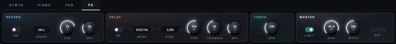 SAAM's FX panel showing Reverb, Delay, Tempo and Master