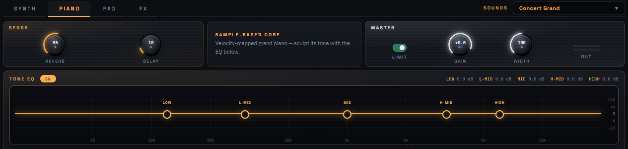 SAAM's PIANO layer panel with its 5-band tone EQ