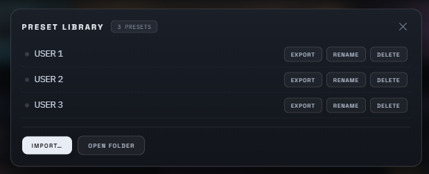 SAAM's preset library with Export, Rename, Delete and Import