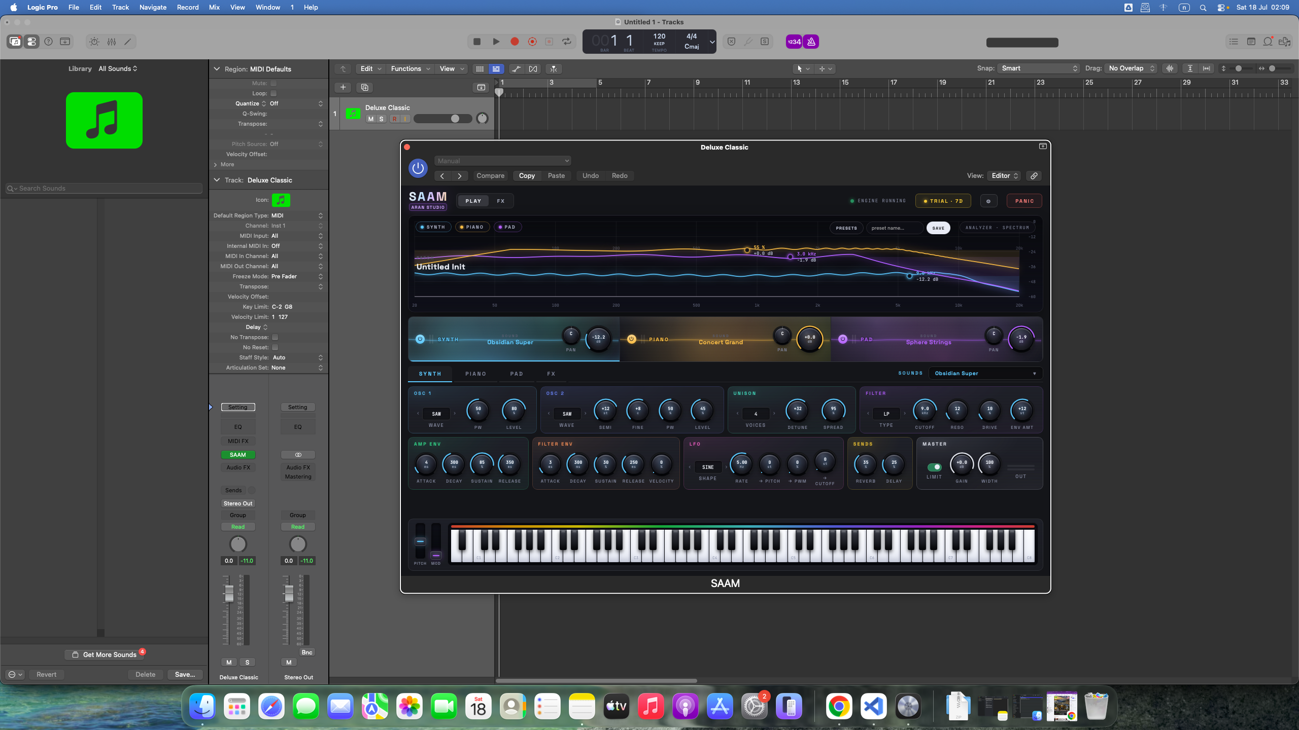 SAAM running as an Audio Unit in Logic Pro on macOS — it loads a factory default so it is ready to play right away.