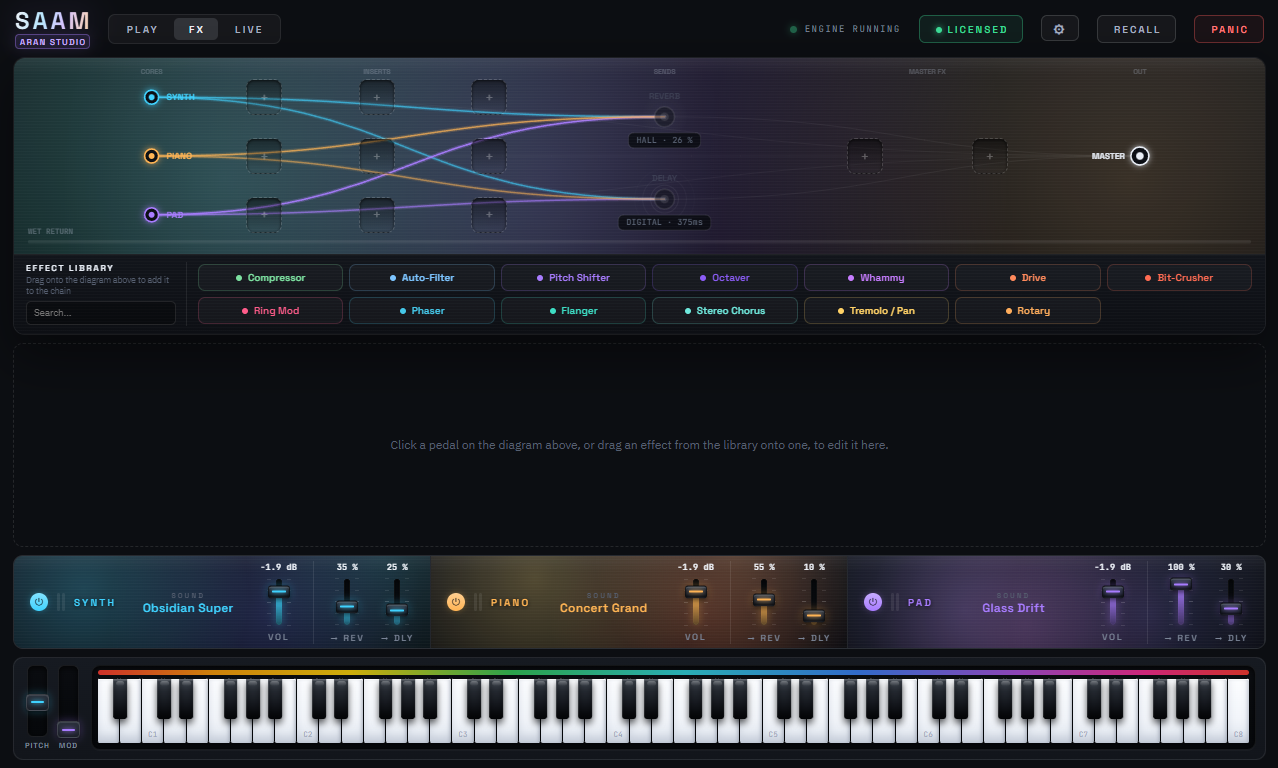 SAAM's FX page showing the signal-flow diagram and the effect library