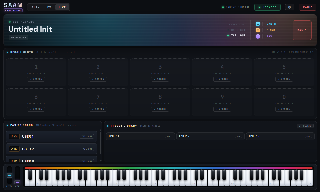 SAAM's LIVE page showing Now Playing, Recall Slots, Pad Triggers and the Preset Library