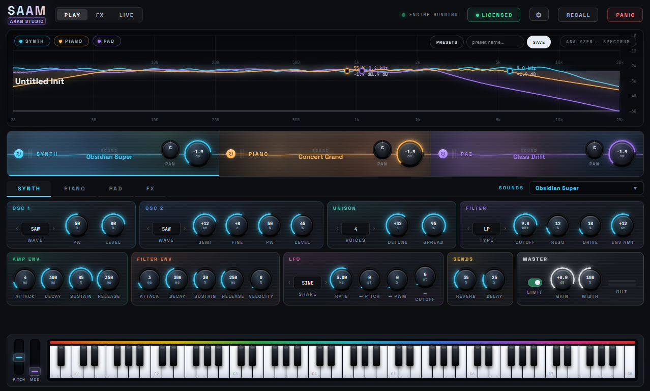 SAAM's main screen showing the three layers: SYNTH / PAD / PIANO