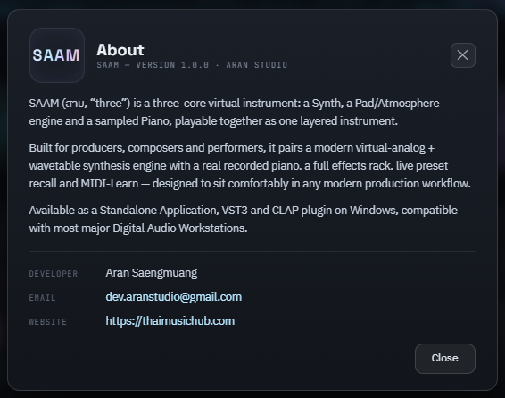 SAAM's About window showing the version and developer details