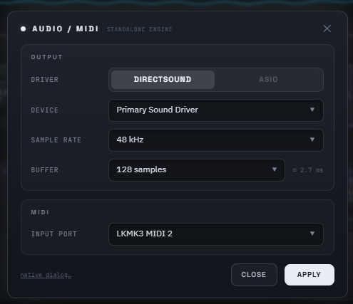 SAAM's Audio and MIDI settings window