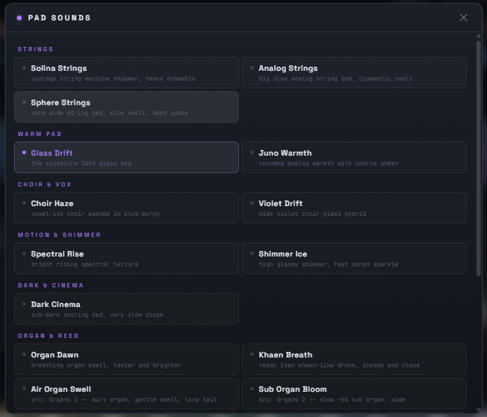 The PAD layer's sound library, grouped by category