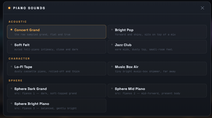 The PIANO layer's sound library, grouped by category