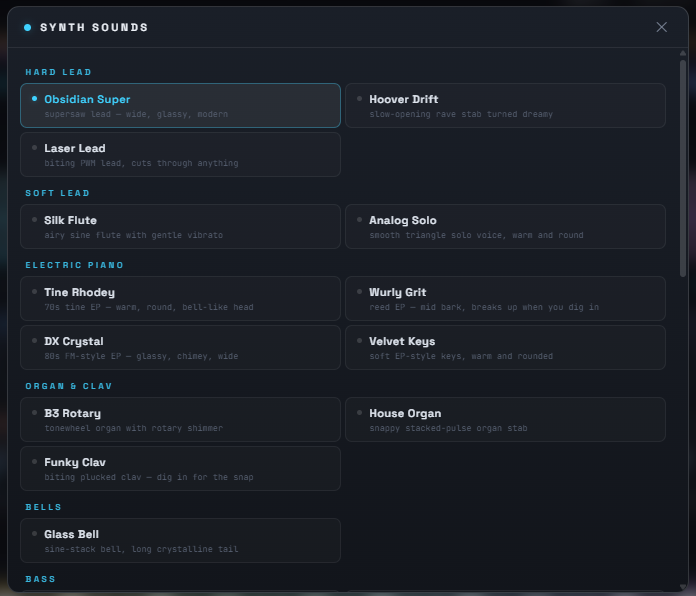 The SYNTH layer's sound library, grouped by category