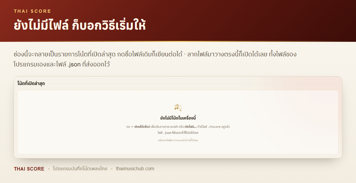 ยังไม่มีไฟล์ ก็บอกวิธีเริ่มให้ — ช่องนี้จะกลายเป็นรายการโน้ตที่เปิดล่าสุด กดชื่อไฟล์เดิมก็เขียนต่อได้ · ลากไฟล์มาวางตรงนี้ก็เปิดได้เลย ทั้งไฟล์ของโปรแกรมเองและไฟล์ .json ที่ส่งออกไว้