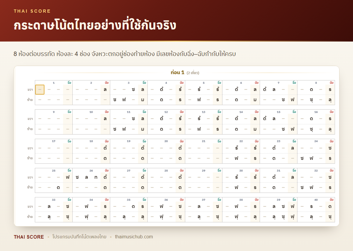 กระดาษโน้ตไทยอย่างที่ใช้กันจริง — 8 ห้องต่อบรรทัด ห้องละ 4 ช่อง จังหวะตกอยู่ช่องท้ายห้อง มีเลขห้องกับฉิ่ง–ฉับกำกับให้ครบ