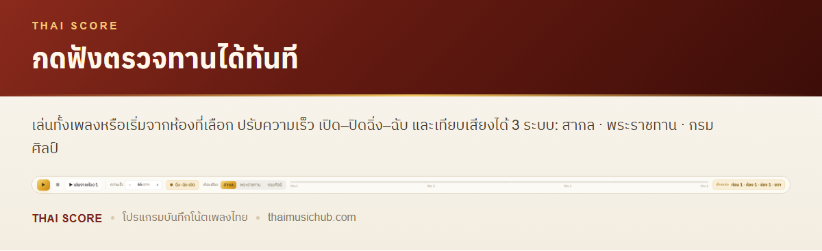 กดฟังตรวจทานได้ทันที — เล่นทั้งเพลงหรือเริ่มจากห้องที่เลือก ปรับความเร็ว เปิด–ปิดฉิ่ง–ฉับ และเทียบเสียงได้ 3 ระบบ: สากล · พระราชทาน · กรมศิลป์